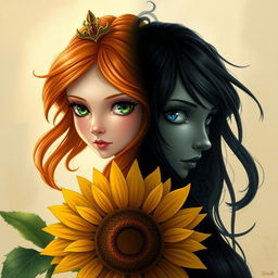 Create a book cover featuring a princess with orange hair and green eyes, born of a sunflower, symbolizing peace and love