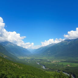 A beautiful landscape with mountains, a river flowing through a lush green valley, and a clear blue sky with fluffy white clouds