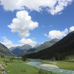 A beautiful landscape with mountains, a river flowing through a lush green valley, and a clear blue sky with fluffy white clouds