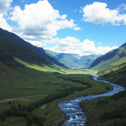 A beautiful landscape with mountains, a river flowing through a lush green valley, and a clear blue sky with fluffy white clouds