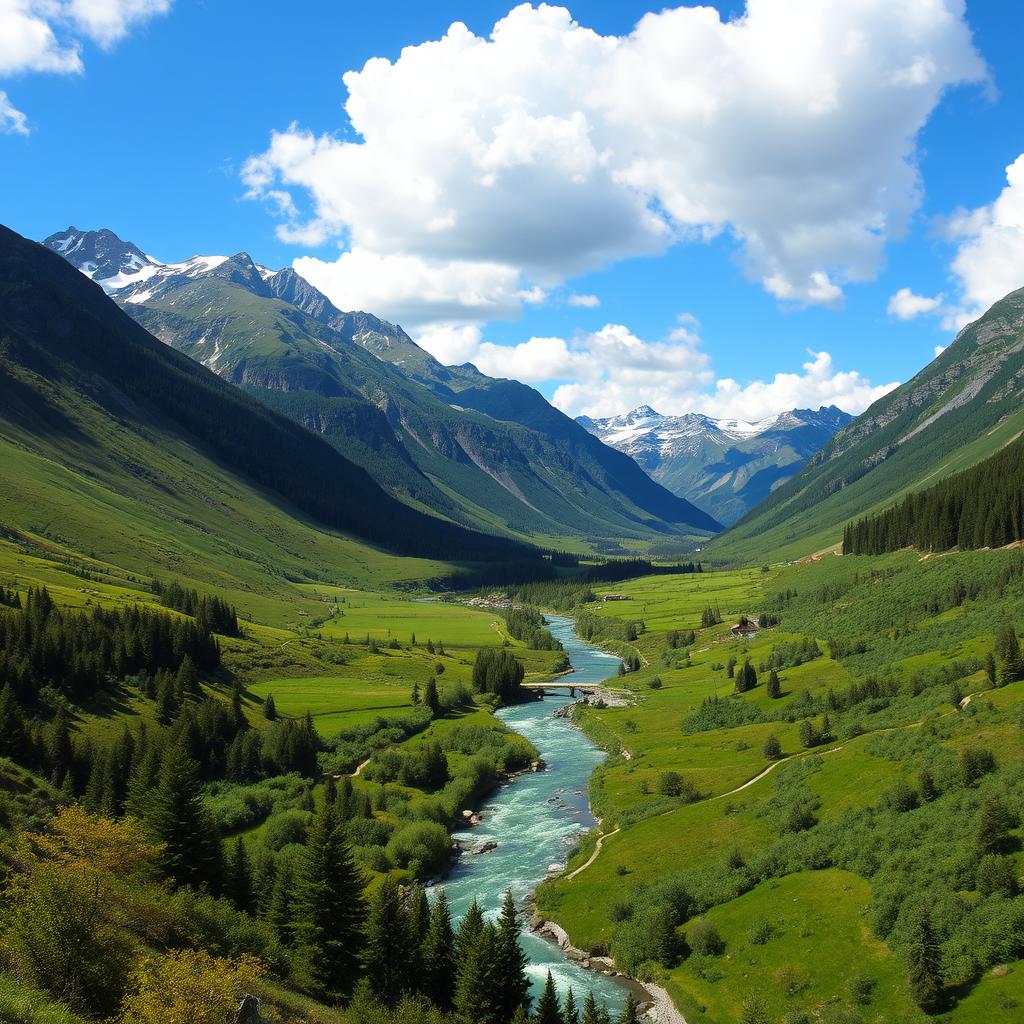 A beautiful landscape with mountains, a river flowing through a lush green valley, and a clear blue sky with fluffy white clouds