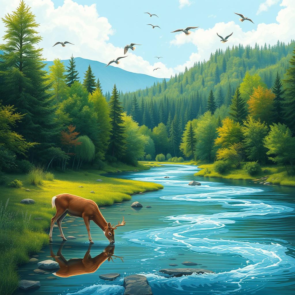 A serene landscape featuring a lush forest with a clear, sparkling river running through it