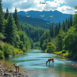 A serene landscape featuring a lush forest with a clear, sparkling river running through it