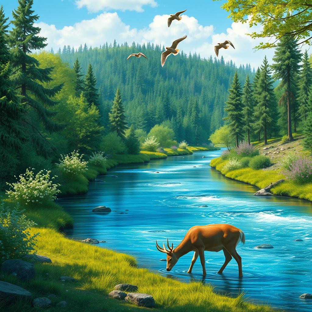 A serene landscape featuring a lush forest with a clear, sparkling river running through it