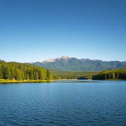 A beautiful landscape featuring a serene lake surrounded by lush green trees and mountains in the background under a clear blue sky