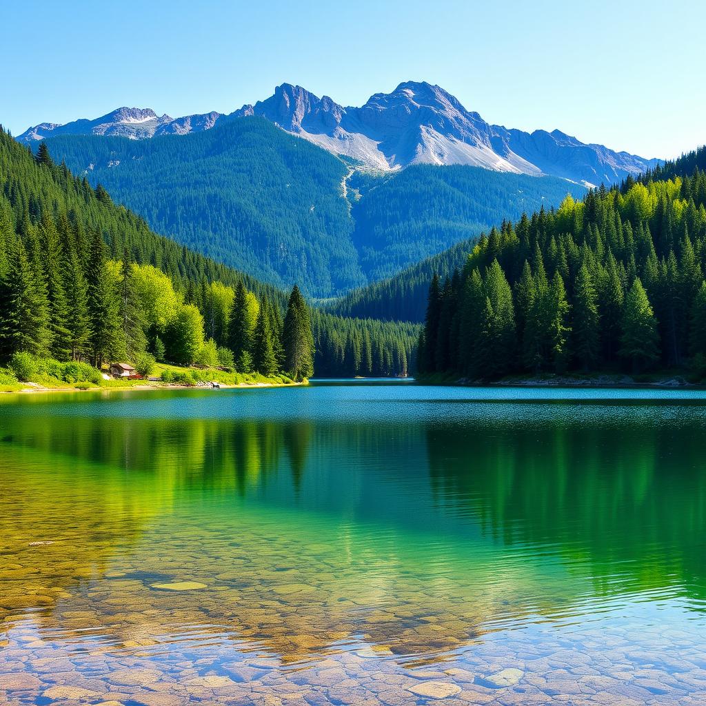 A beautiful landscape featuring a serene lake surrounded by lush green trees and mountains in the background under a clear blue sky