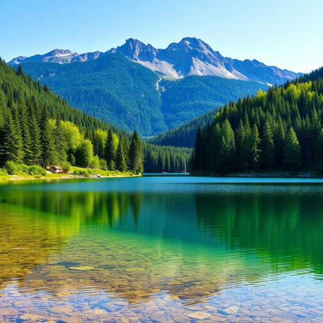 A beautiful landscape featuring a serene lake surrounded by lush green trees and mountains in the background under a clear blue sky