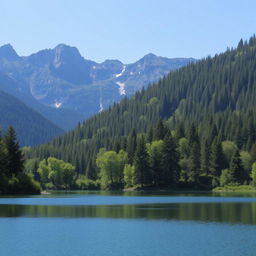 A beautiful landscape featuring a serene lake surrounded by lush green trees and mountains in the background under a clear blue sky