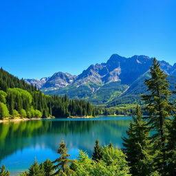 A beautiful landscape featuring a serene lake surrounded by lush green trees and mountains in the background under a clear blue sky