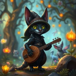 A small black tabaxi bard wearing a hat and having green eyes