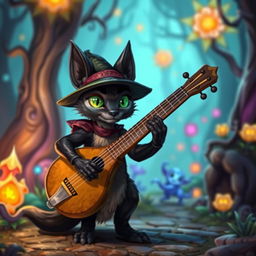 A small black tabaxi bard wearing a hat and having green eyes