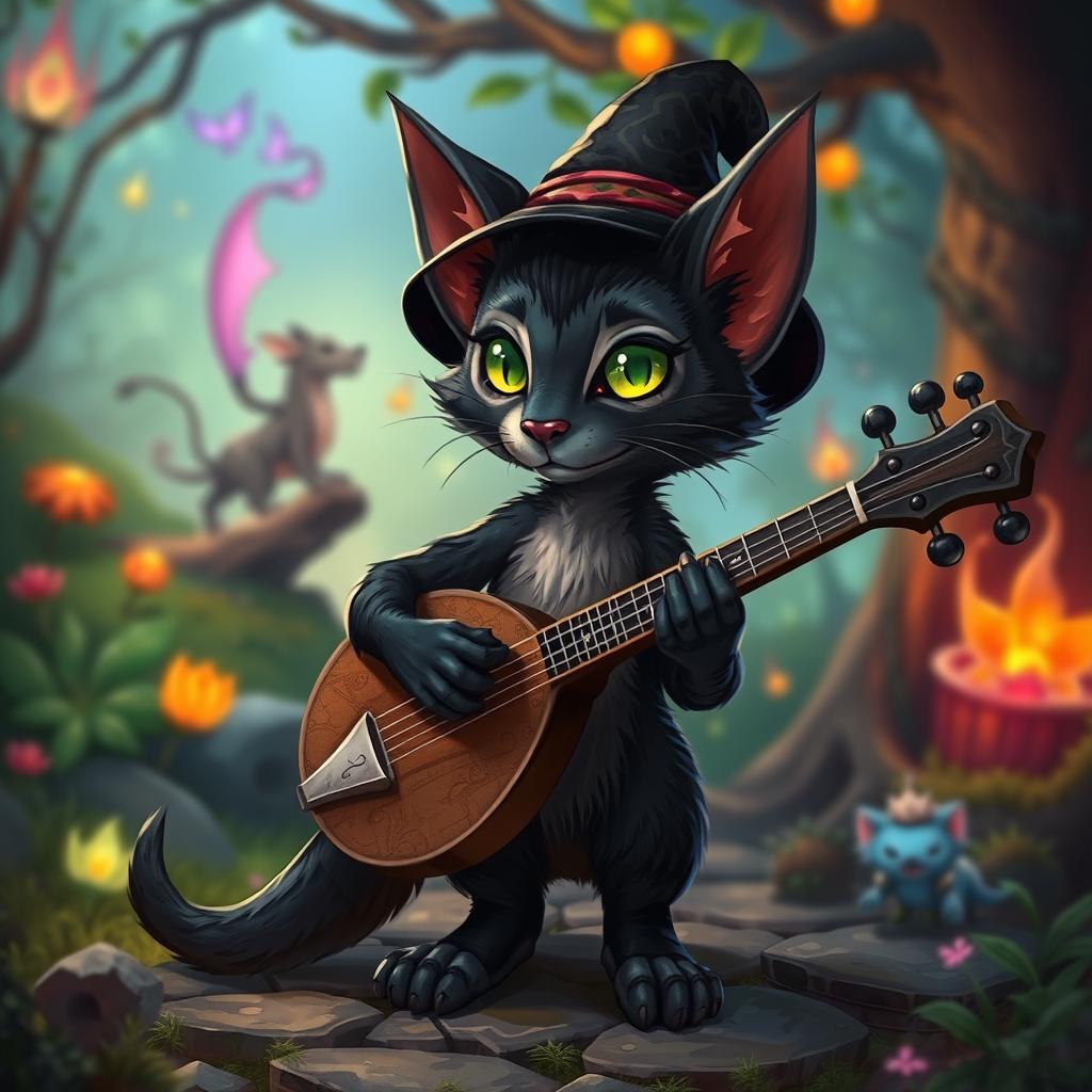 A small black tabaxi bard wearing a hat and having green eyes