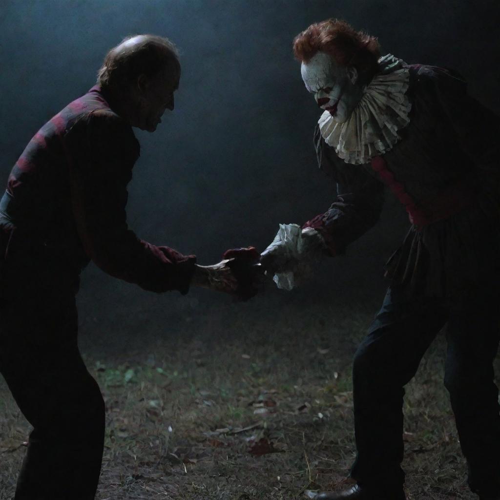 A thrilling showdown between horror icons: Freddy Krueger with his clawed glove, and Pennywise, the menacing clown from IT, in a dark, eerie setting.