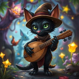 A small black tabaxi bard wearing a hat and having green eyes