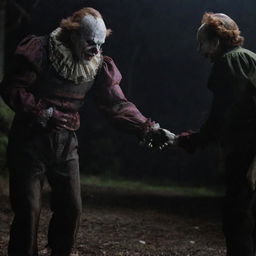 A thrilling showdown between horror icons: Freddy Krueger with his clawed glove, and Pennywise, the menacing clown from IT, in a dark, eerie setting.