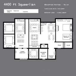 A detailed floorplan for a 400 square meter English language school