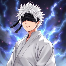 A detailed illustration of Satoru Gojo from Jujutsu Kaisen, showcasing his iconic white hair, blindfold, and confident stance