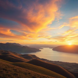 Create an image that showcases a beautiful landscape with rolling hills, a serene lake, and a stunning sunset