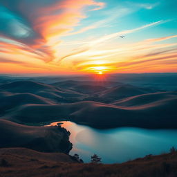 Create an image that showcases a beautiful landscape with rolling hills, a serene lake, and a stunning sunset