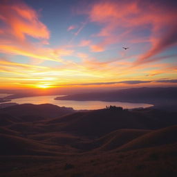 Create an image that showcases a beautiful landscape with rolling hills, a serene lake, and a stunning sunset