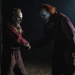 A thrilling showdown between horror icons: Freddy Krueger with his clawed glove, and Pennywise, the menacing clown from IT, in a dark, eerie setting.