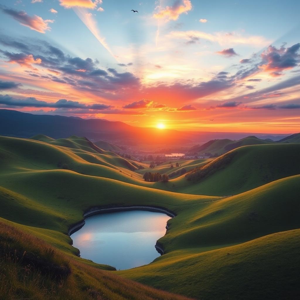 Create an image that showcases a beautiful landscape with rolling hills, a serene lake, and a stunning sunset