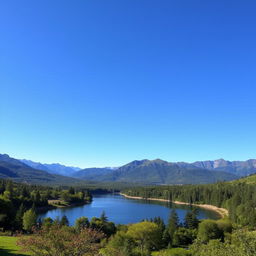 A beautiful landscape featuring a serene lake surrounded by lush greenery, with mountains in the background and a clear blue sky