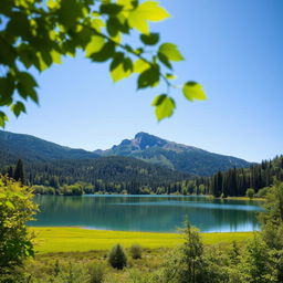 A beautiful landscape featuring a serene lake surrounded by lush greenery, with mountains in the background and a clear blue sky