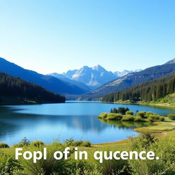 A beautiful landscape featuring a serene lake surrounded by lush greenery, with mountains in the background and a clear blue sky