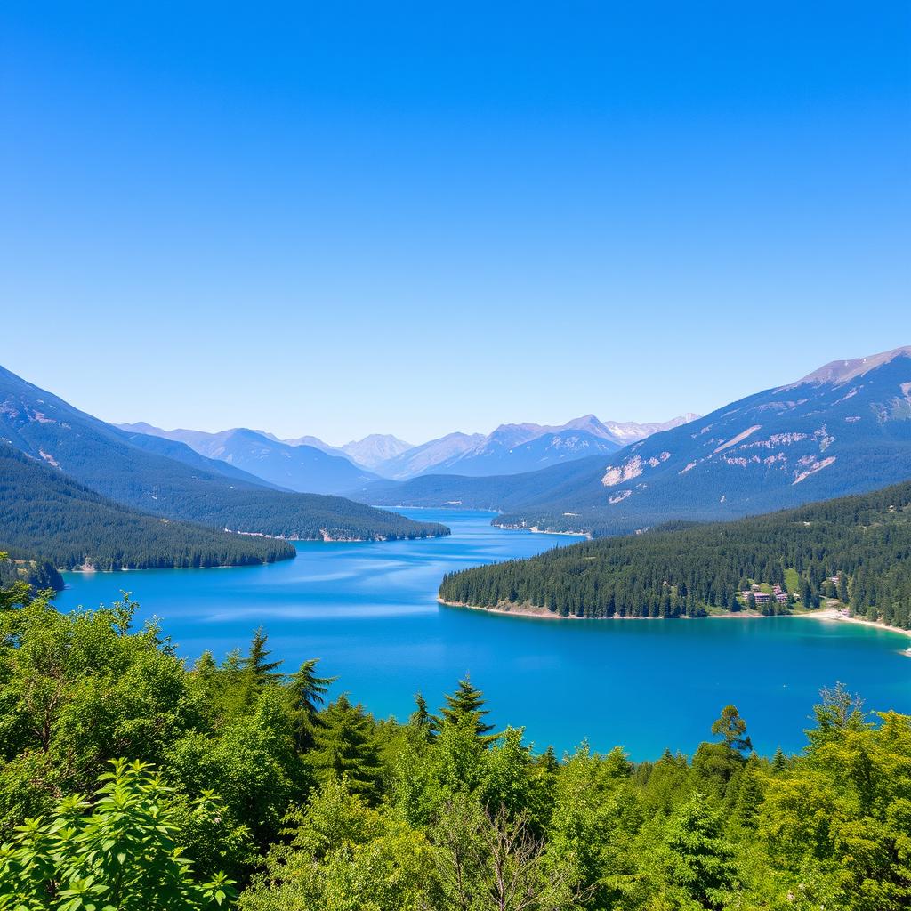 A beautiful landscape featuring a serene lake surrounded by lush greenery, with mountains in the background and a clear blue sky