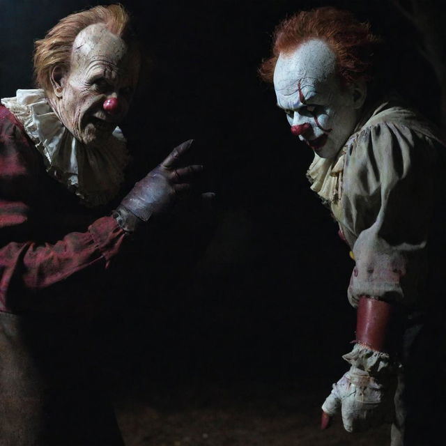 A thrilling showdown between horror icons: Freddy Krueger with his clawed glove, and Pennywise, the menacing clown from IT, in a dark, eerie setting.