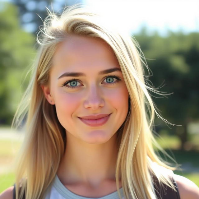 A 25-year-old blonde woman with blue eyes