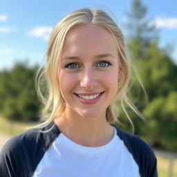 A 25-year-old blonde woman with blue eyes