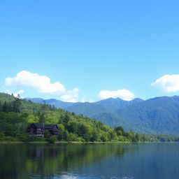 A serene landscape featuring a calm lake surrounded by lush green trees and mountains in the background under a clear blue sky with a few fluffy white clouds