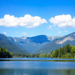 A serene landscape featuring a calm lake surrounded by lush green trees and mountains in the background under a clear blue sky with a few fluffy white clouds