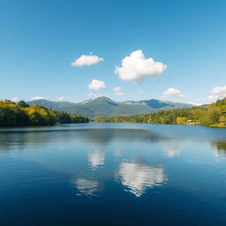 A serene landscape featuring a calm lake surrounded by lush green trees and mountains in the background under a clear blue sky with a few fluffy white clouds