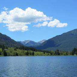 A serene landscape featuring a calm lake surrounded by lush green trees and mountains in the background under a clear blue sky with a few fluffy white clouds