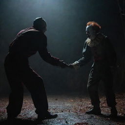 An intense and thrilling scene depicting Freddy Krueger and Pennywise engaged in an epic showdown in a dark, eerie setting.