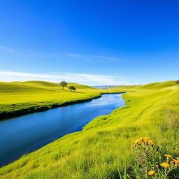 Create an image of a serene landscape featuring a clear blue sky, rolling green hills, and a calm river flowing through the scene