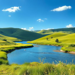 Create an image of a serene landscape featuring a clear blue sky, rolling green hills, and a calm river flowing through the scene