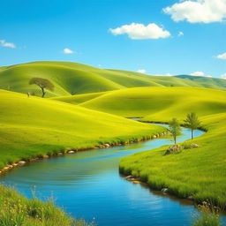 Create an image of a serene landscape featuring a clear blue sky, rolling green hills, and a calm river flowing through the scene