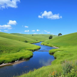 Create an image of a serene landscape featuring a clear blue sky, rolling green hills, and a calm river flowing through the scene