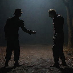 An intense and thrilling scene depicting Freddy Krueger and Pennywise engaged in an epic showdown in a dark, eerie setting.