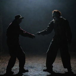 An intense and thrilling scene depicting Freddy Krueger and Pennywise engaged in an epic showdown in a dark, eerie setting.