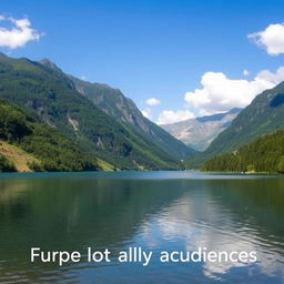 A beautiful landscape featuring a serene lake surrounded by lush green mountains, with a clear blue sky and a few fluffy white clouds