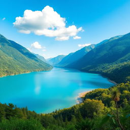 A beautiful landscape featuring a serene lake surrounded by lush green mountains, with a clear blue sky and a few fluffy white clouds