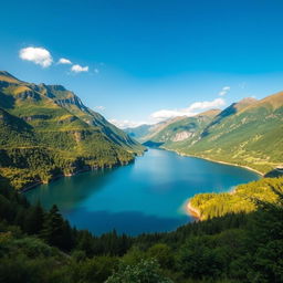 A beautiful landscape featuring a serene lake surrounded by lush green mountains, with a clear blue sky and a few fluffy white clouds