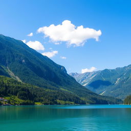 A beautiful landscape featuring a serene lake surrounded by lush green mountains, with a clear blue sky and a few fluffy white clouds