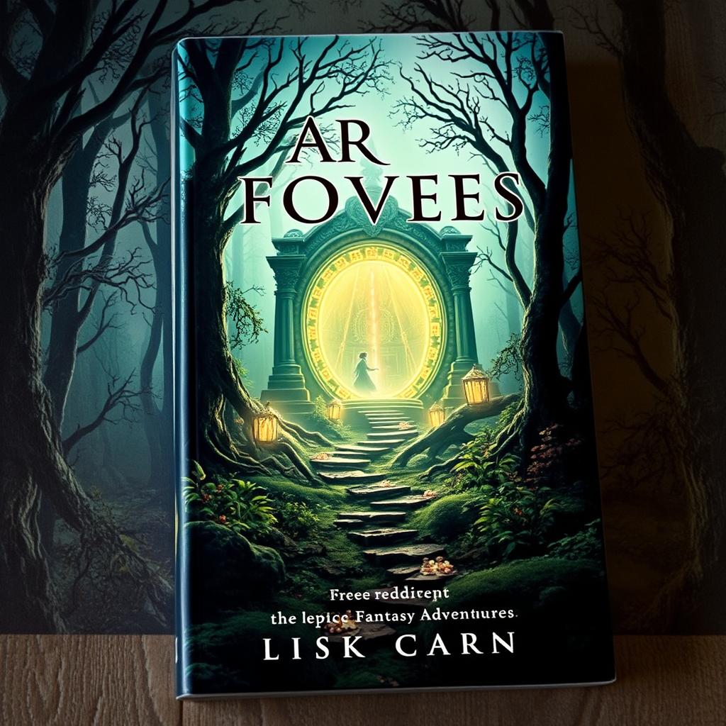 Create a captivating book cover featuring a mysterious forest with an ancient, glowing portal in the background