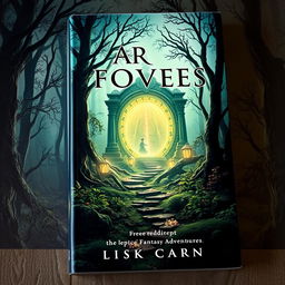 Create a captivating book cover featuring a mysterious forest with an ancient, glowing portal in the background